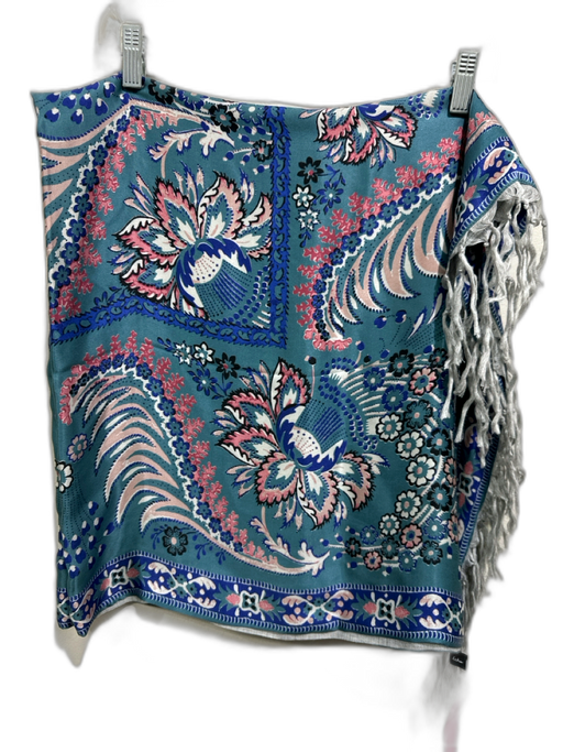 Echo Blue, Pink, Gray Silk & Linen Satin Floral Fringe Square scarf Blue, Pink, Gray / One Size