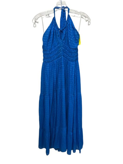 Intermix Size 8 Blue & Silver Silk Blend Metallic Thread Tie Neck Halter Dress Blue & Silver / 8