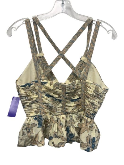 Ulla Johnson Size 8 Cream Yellow & Blue Silk Strappy Criss Cross Back Peplum Top Cream Yellow & Blue / 8