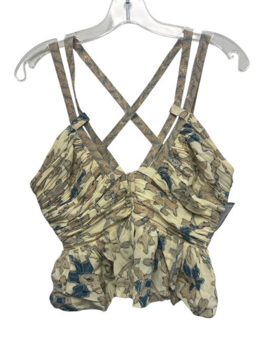 Ulla Johnson Size 8 Cream Yellow & Blue Silk Strappy Criss Cross Back Peplum Top Cream Yellow & Blue / 8