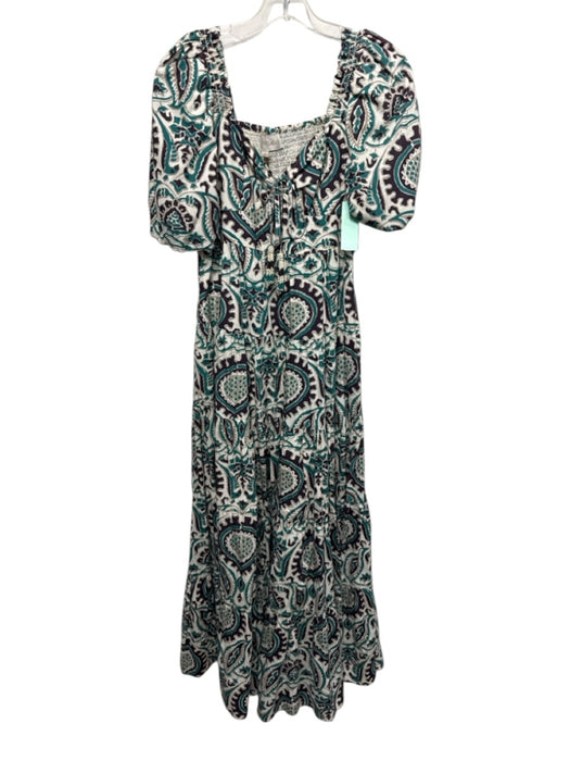 Love The Label Size XS Green, Purple & Cream Cotton Short Balloon Sleeve Dress Green, Purple & Cream / XS
