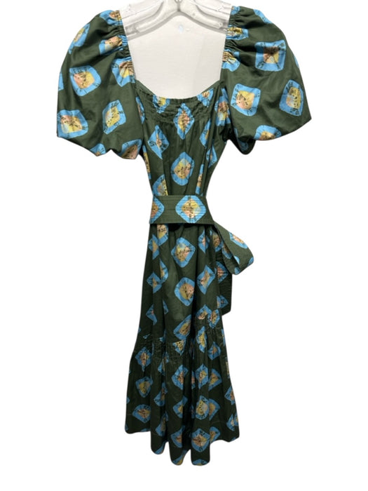 Tuckernuck Size XXS Olive Green, Blue & Yellow Cotton Short Balloon Sleeve Dress Olive Green, Blue & Yellow / XXS