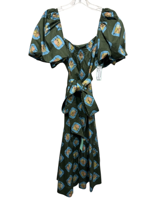 Tuckernuck Size XXS Olive Green, Blue & Yellow Cotton Short Balloon Sleeve Dress Olive Green, Blue & Yellow / XXS