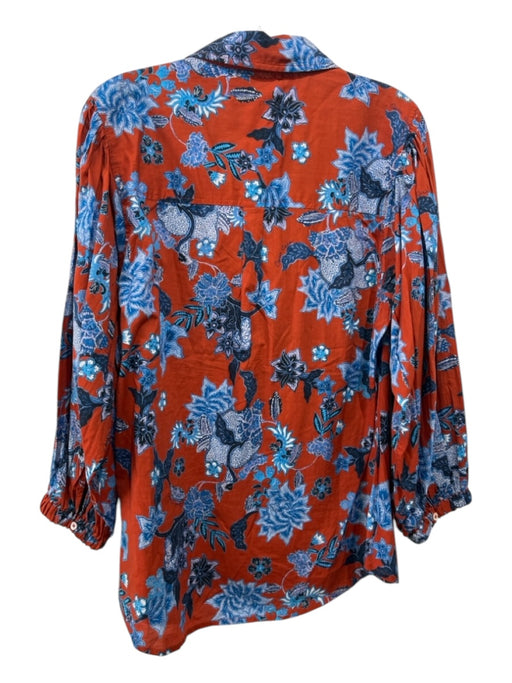 Cara Cara Size L Brick Red & Blue Cotton Button Floral Long Sleeve Top Brick Red & Blue / L