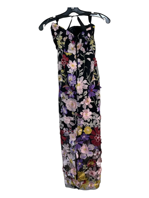 Milly Size 4 Black & Multi Polyester Embroidered Floral Midi Strapless Dress Black & Multi / 4