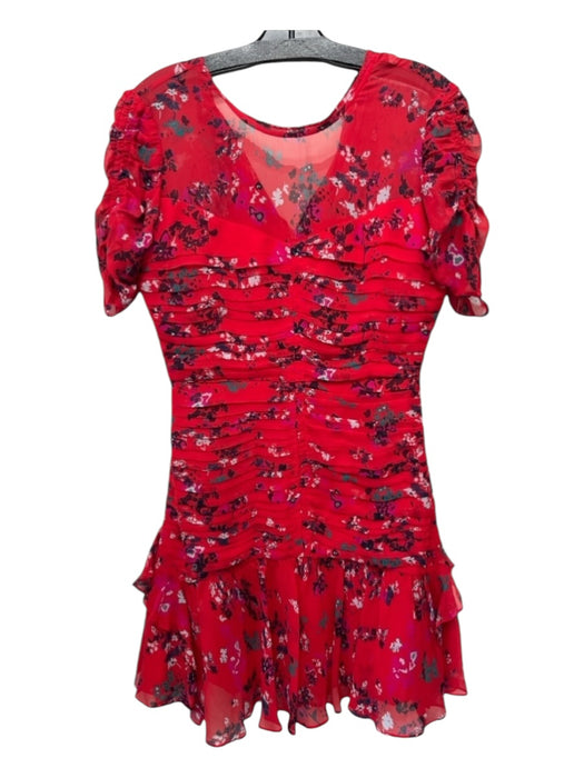 Tanya Taylor Size 4 Red & Black Silk Ruched Short Sleeve Round Neck Dress Red & Black / 4