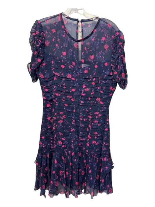 Tanya Taylor Size 4 Navy Blue & Pink Silk Ruched Short Sleeve Round Neck Dress Navy Blue & Pink / 4