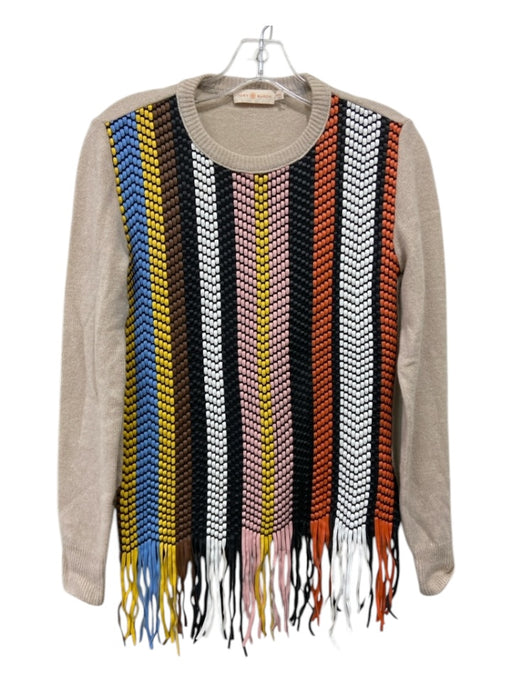 Tory Burch Size XXS Beige & Multi Wool Leather Woven Crew Neck Fringe Sweater Beige & Multi / XXS