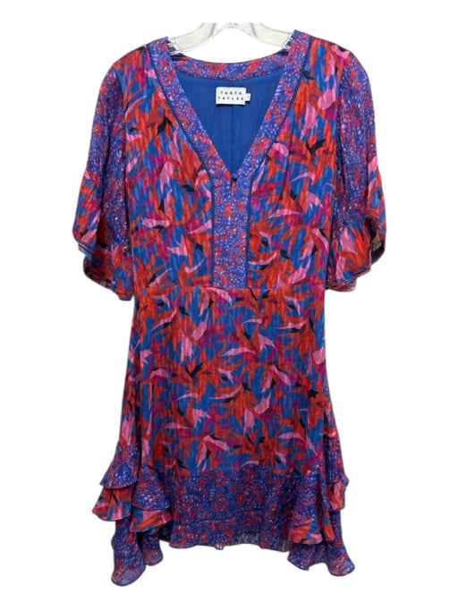 Tanya Taylor Size 2 Blue, Red, Multi Silk & Cotton Short Bell Sleeve Mini Dress Blue, Red, Multi / 2