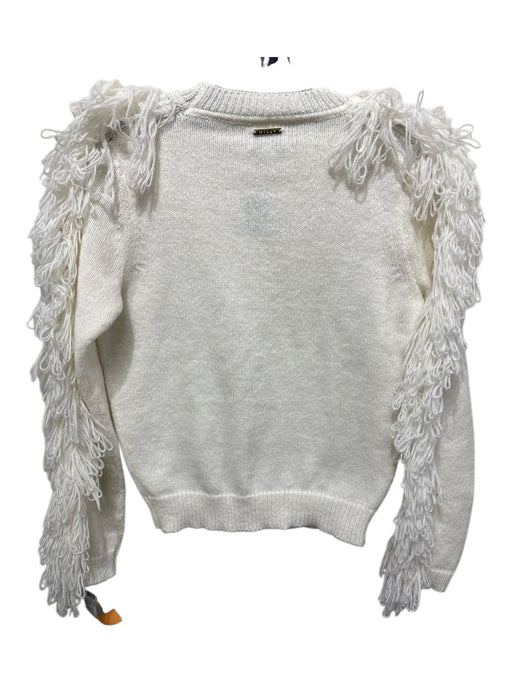 Milly Size P Ecru Polyester Knit Fringe Ribbed Hem Round Neck Sweater Ecru / P