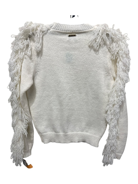 Milly Size P Ecru Polyester Knit Fringe Ribbed Hem Round Neck Sweater Ecru / P