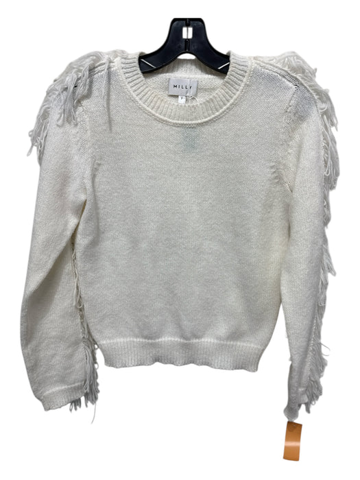 Milly Size P Ecru Polyester Knit Fringe Ribbed Hem Round Neck Sweater Ecru / P