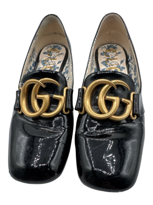 Gucci Shoe Size 35.5 Black Leather Upper Patent Double G Block heel Loafers Black / 35.5