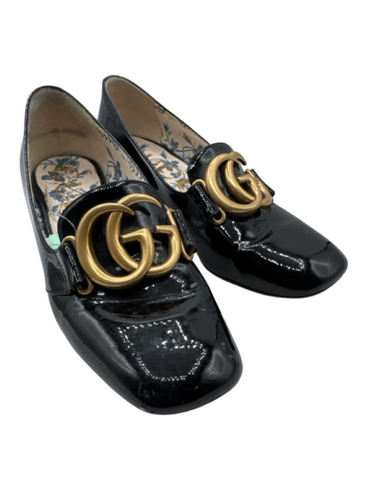 Gucci Shoe Size 35.5 Black Leather Upper Patent Double G Block heel Loafers Black / 35.5