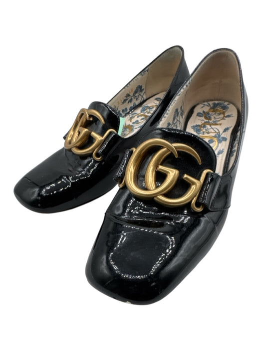Gucci Shoe Size 35.5 Black Leather Upper Patent Double G Block heel Loafers Black / 35.5