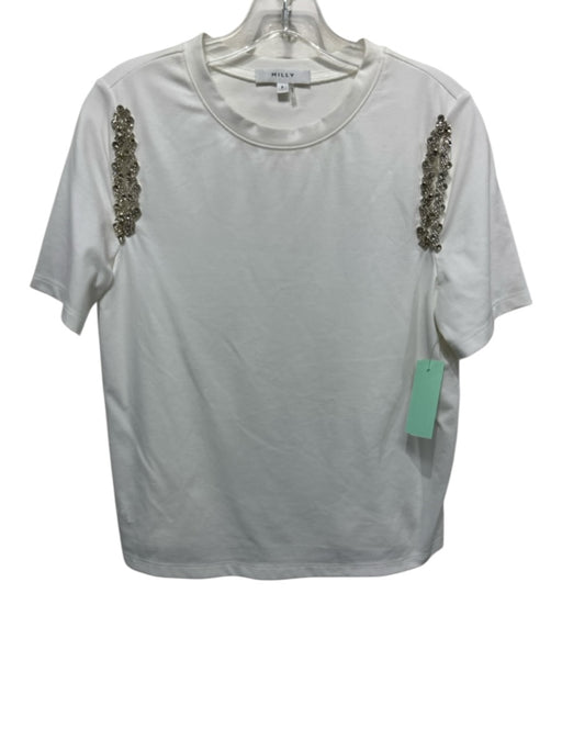 Milly Size P White Rayon Blend Rhinestone Applique Cutouts Short Sleeve Top White / P