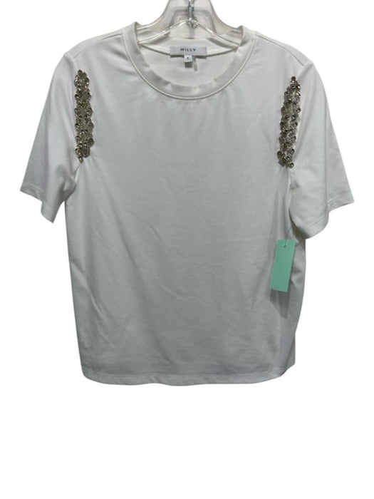 Milly Size P White Rayon Blend Rhinestone Applique Cutouts Short Sleeve Top White / P