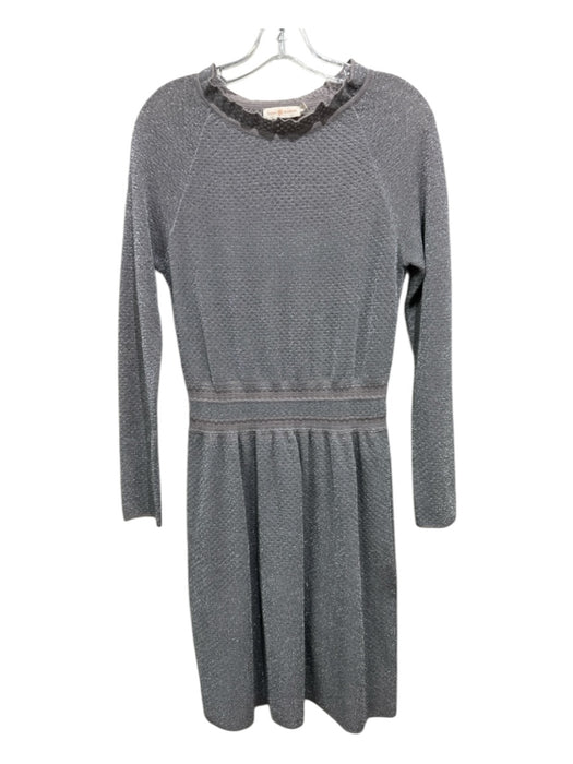 Tory Burch Size S Silver Ruffle Hem Metallic Thread Long Sleeve Dress Silver / S