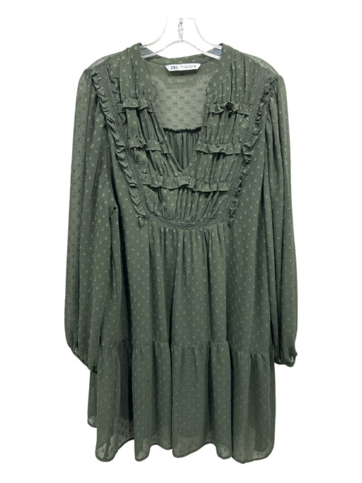 Zara Size M Dark Green Polyester V Neck Textured Long Sleeve Ruffle Detail Dress Dark Green / M