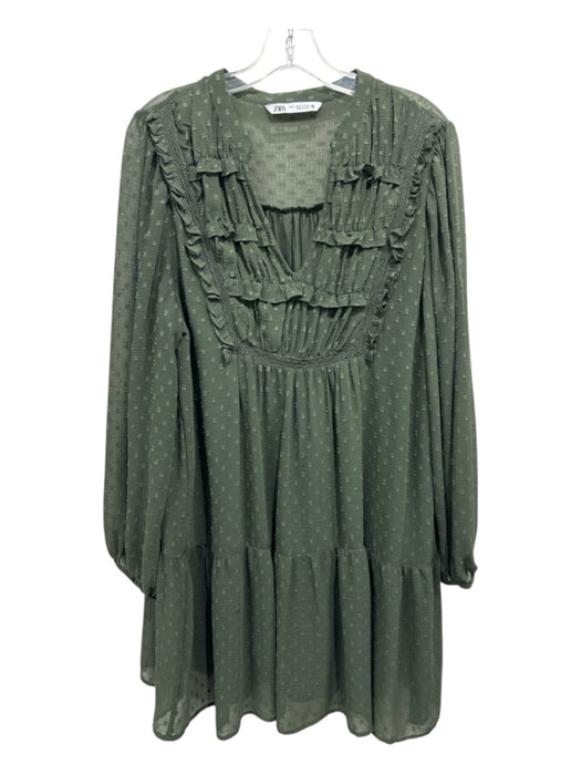 Zara Size M Dark Green Polyester V Neck Textured Long Sleeve Ruffle Detail Dress Dark Green / M
