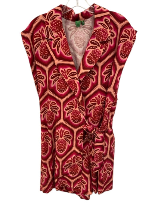 Farm Rio Size M Pink & Red Linen Blend Pineapple Sleeveless Tie Waist Romper Pink & Red / M