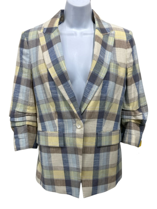 Veronica Beard Size 6 Blue, Yellow, Brown Cotton Blend Flap Pocket Plaid Jacket Blue, Yellow, Brown / 6