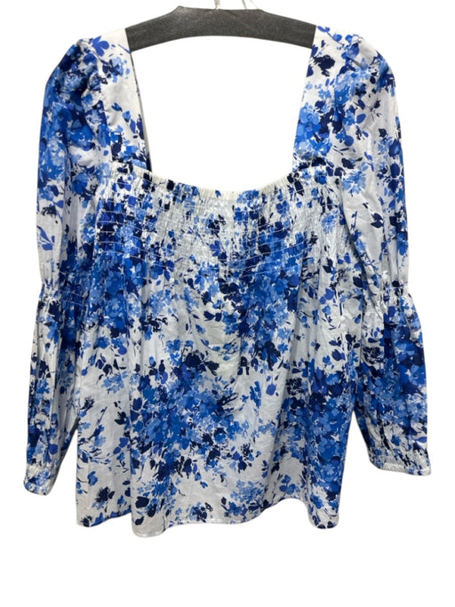 Tuckernuck Size M Blue & White Cotton Shirred Floral Puff Shoulder Top Blue & White / M