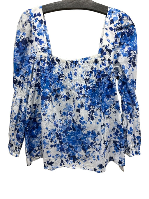 Tuckernuck Size M Blue & White Cotton Shirred Floral Puff Shoulder Top Blue & White / M