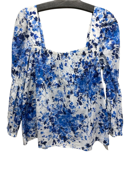 Tuckernuck Size M Blue & White Cotton Shirred Floral Puff Shoulder Top Blue & White / M