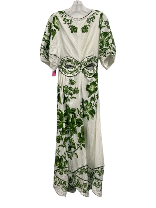 Farm Rio Size S Green & White Cotton Blend Back Zip Floral Print V Neck Dress Green & White / S
