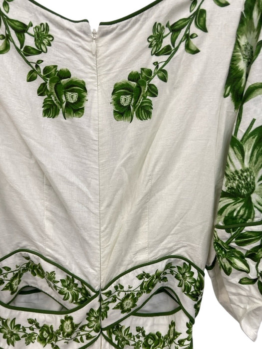 Farm Rio Size S Green & White Cotton Blend Back Zip Floral Print V Neck Dress Green & White / S