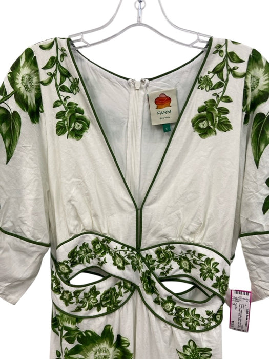 Farm Rio Size S Green & White Cotton Blend Back Zip Floral Print V Neck Dress Green & White / S