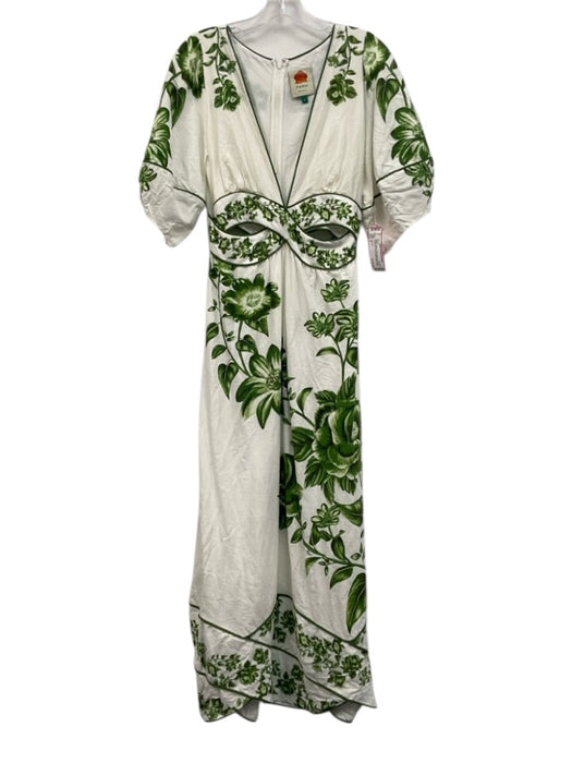 Farm Rio Size S Green & White Cotton Blend Back Zip Floral Print V Neck Dress Green & White / S