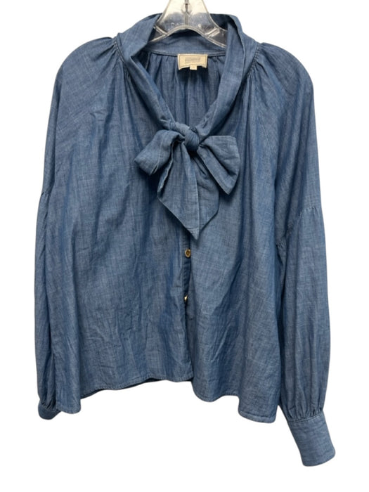 Antoinette Poisson Size 38 Medium Wash Cotton Denim Long Sleeve Tie Neck Top Medium Wash / 38