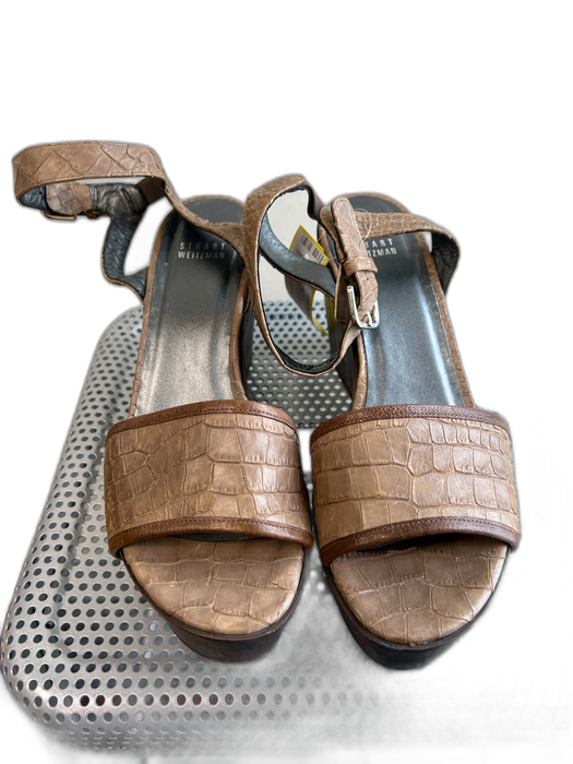 Stuart Weitzman Shoe Size 8.5 Taupe Croc embossed Leather Wood Platform Sandals Taupe / 8.5