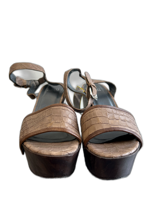 Stuart Weitzman Shoe Size 8.5 Taupe Croc embossed Leather Wood Platform Sandals Taupe / 8.5