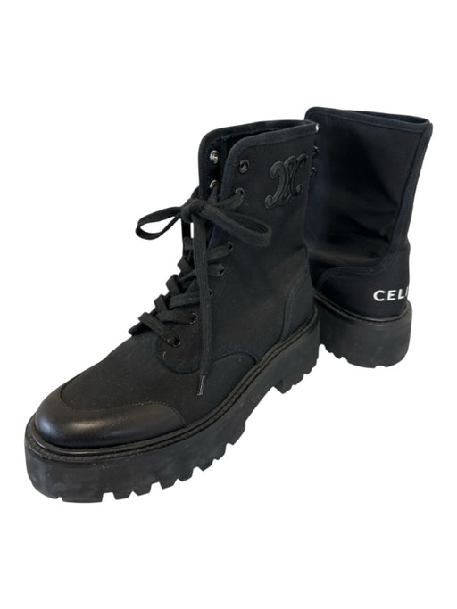 Celine Shoe Size 39 Black Textile & Leather Upper Logo Combat Platform Boots Black / 39