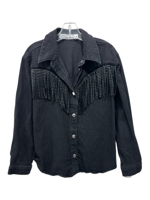 Zara Size S Black Cotton Denim Fringe Detail Western Buttons Rhinestone Jacket Black / S