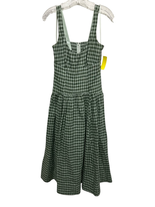 Reformation Size 6 Green Print Linen Plaid Smocked Back Cupped Sleeveless Dress Green Print / 6