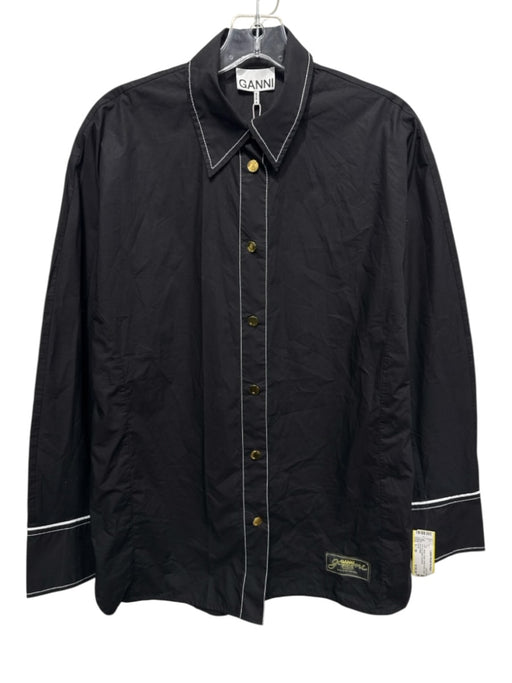 Ganni Size S / 36 Black Cotton Button Down Collar Stitching Detail Top Black / S / 36