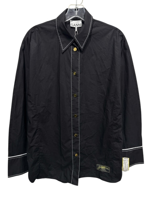 Ganni Size S / 36 Black Cotton Button Down Collar Stitching Detail Top Black / S / 36