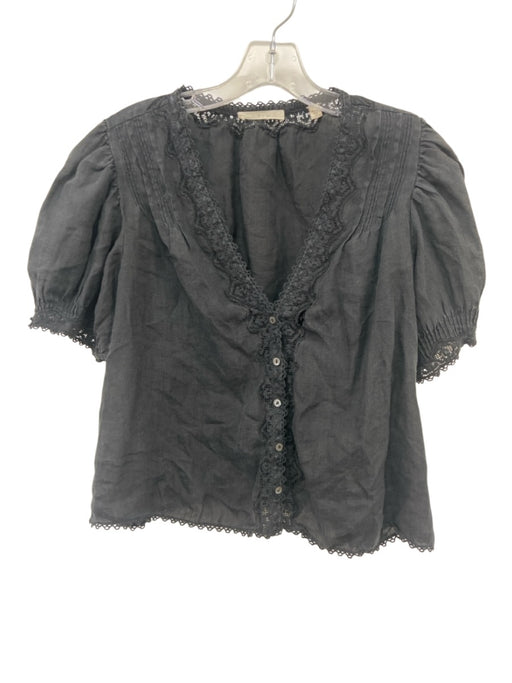 Doen Size S Black Ramie Lace Detail Button Down short sleeve Top Black / S
