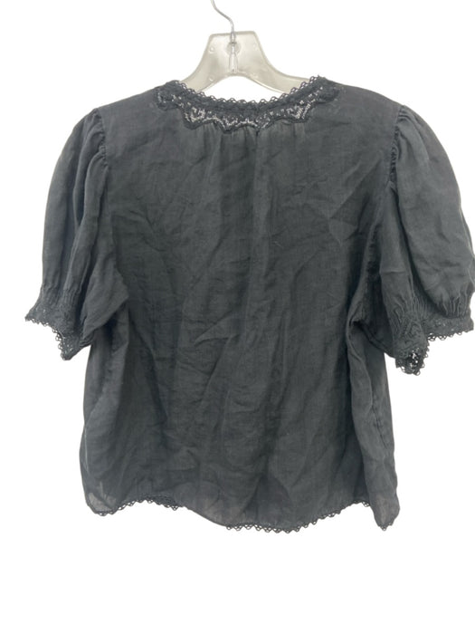 Doen Size S Black Ramie Lace Detail Button Down short sleeve Top Black / S