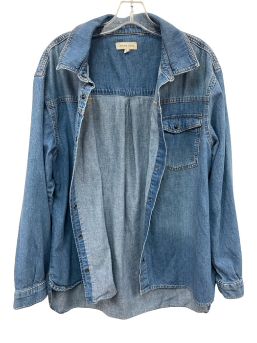 Anine Bing Size L Medium Wash Denim Cotton Snaps Pocket Collared Long Sleeve Top Medium Wash Denim / L
