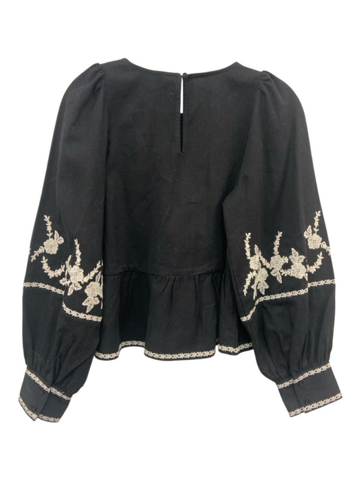 Sezane Size 34 Black & White Cotton Embroidered Floral Long Sleeve Top Black & White / 34