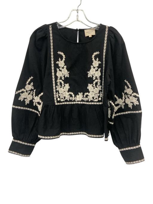 Sezane Size 34 Black & White Cotton Embroidered Floral Long Sleeve Top Black & White / 34