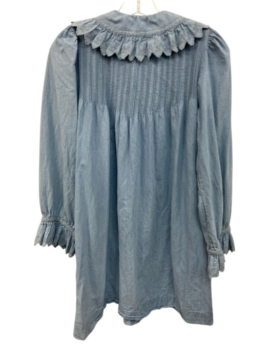 Doen Size S Light Wash Cotton & Acetate Button Neck Lace Trim Pintuck Dress Light Wash / S