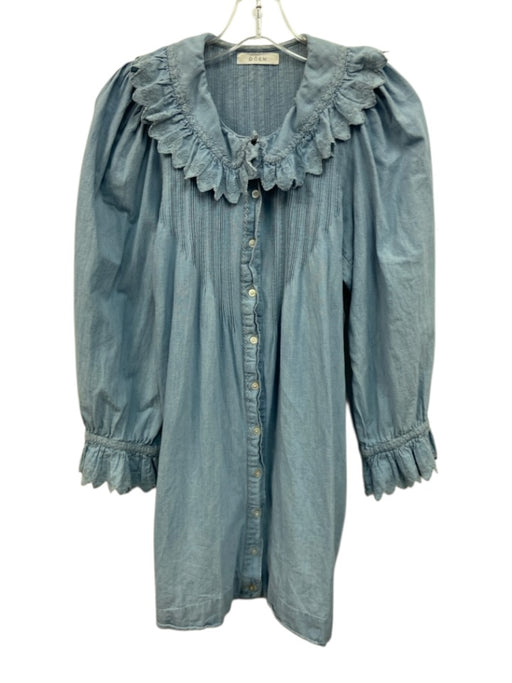 Doen Size S Light Wash Cotton & Acetate Button Neck Lace Trim Pintuck Dress Light Wash / S