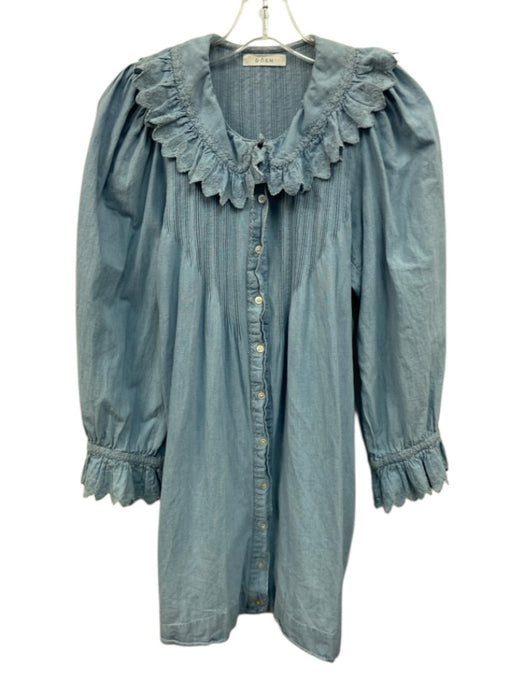Doen Size S Light Wash Cotton & Acetate Button Neck Lace Trim Pintuck Dress Light Wash / S