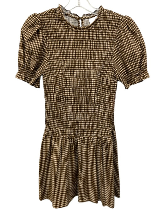 Reformation Size 6 Brown & White Print Cotton Smocked Checkered Dress Brown & White Print / 6